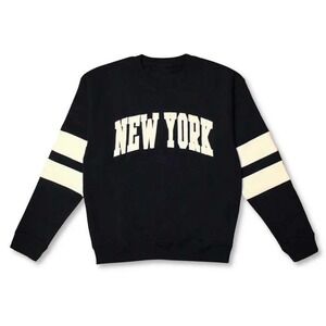 New York Popular‎ Navy Blue Varsity Spellout Sweatshirt Mens Medium Striped